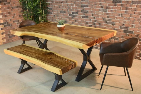 Live Edge Suar Table with Black X Shaped Legs/Natural Finish - Wazo Furniture