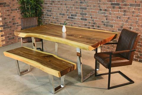 Live Edge Suar Table with Chrome U Shaped Legs/Natural Finish - Wazo Furniture