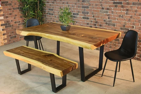 Live Edge Suar Table with Black U Shaped Legs/Natural Finish - Wazo Furniture