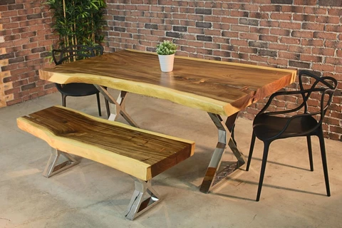 Live Edge Suar Table with Chrome X Shaped Legs/Natural Finish - Wazo Furniture