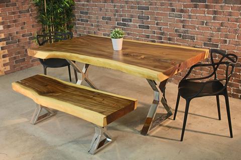 Live Edge Suar Table with Chrome X Shaped Legs/Natural Finish - Wazo Furniture