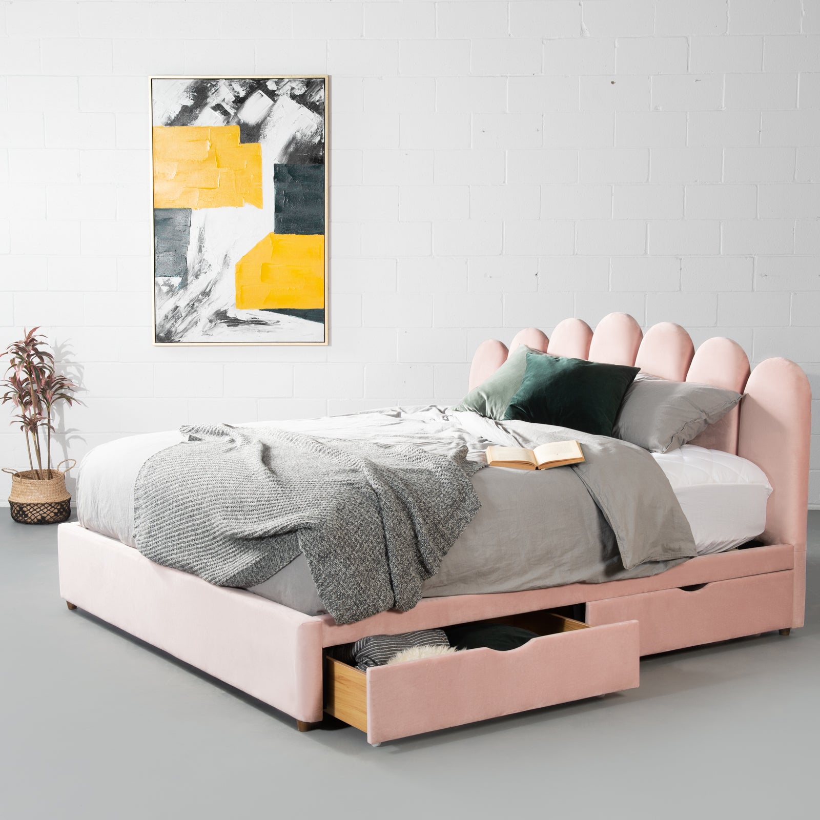 MACY - Pink Velvet Bed with Storage- King Size