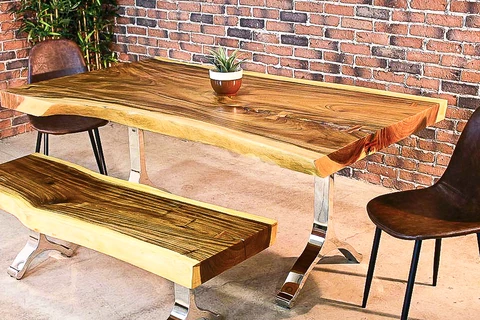 Live Edge Suar Table with Chrome Y Shaped Legs/Natural Finish - Wazo Furniture