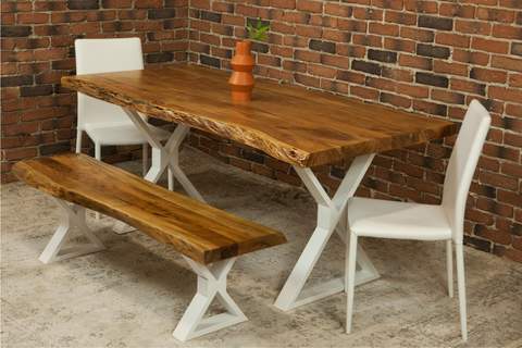 Acacia Live Edge Dining Table with White X Shaped Legs/Natural Color - Wazo Furniture