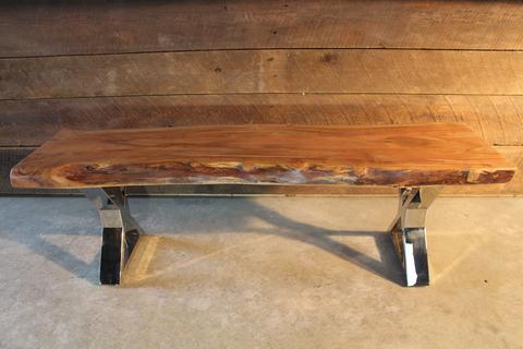 Acacia Live Edge Wood Bench with Chrome X-shaped Legs - Wazo Furniture