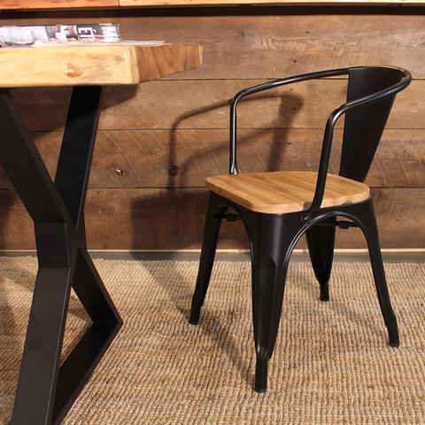 Tolix Style Armchair With Wooden Seat - Wazo Furniture