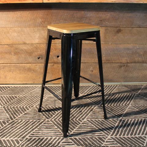 Tolix Style Bar Stool with Wooden seat – Black Metal- 76cm - Wazo Furniture