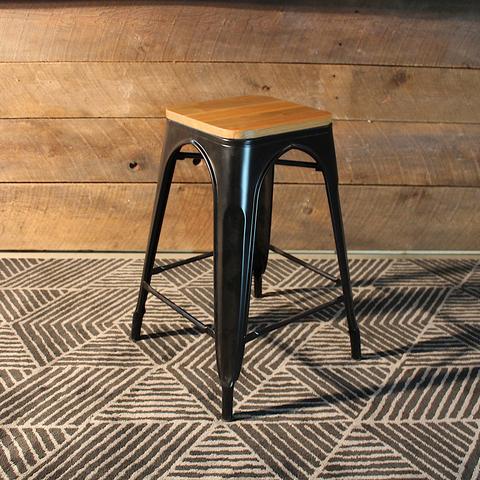 Tolix Bar Stool With Wooden Seat - Black - 65cm - Wazo Furniture